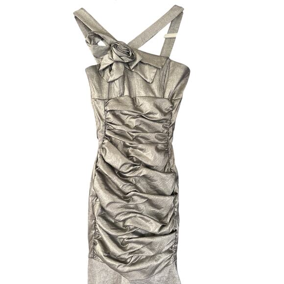 Vintage Jessica McClintock Pewter Silver Rosette Ruched Metallic Mermaid Gown  6 - Picture 3 of 11